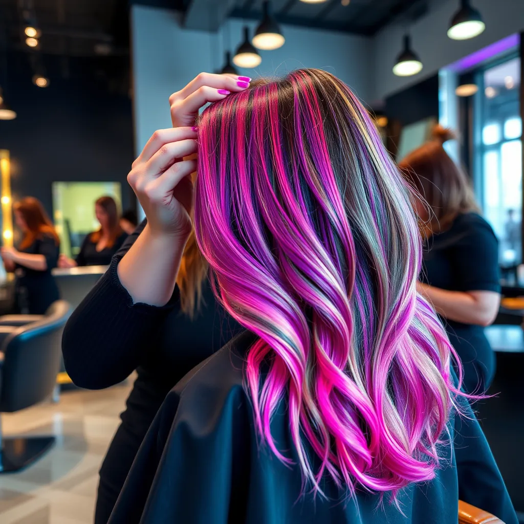 A stylist applying vibrant, multi-colored hair dye using the balayage technique on a client with long hair. The salon has a trendy, sophisticated ambiance with stylists dressed in sleek black attire.