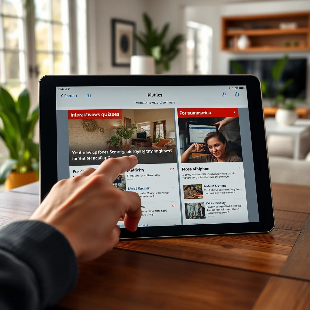 A tablet on a wooden table displaying interactive news quizzes and summaries, with a user engaging by touching the screen. The background includes a bright, modern living room with plants and comfortable furniture, indicating a relaxed atmosphere.