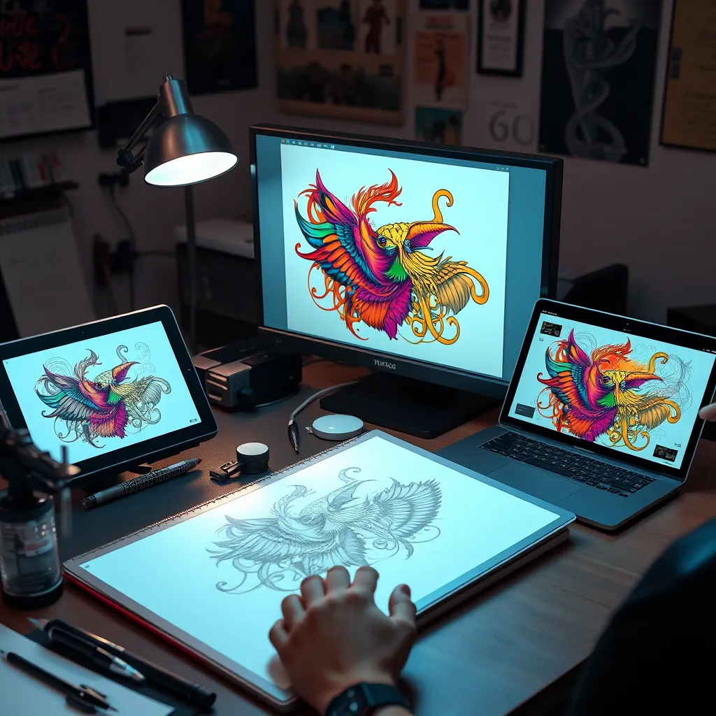 A tattoo artist working at a computer, showcasing a digital design for a tattoo on a tablet, with a digital sketchbook open. The workspace is filled with tattoo machines, sketches, and a laptop displaying vibrant, intricate tattoo designs that blend technology and artistry.