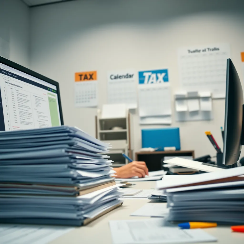A tax preparation specialist working diligently at a desk piled with paperwork and a computer screen displaying tax forms. The lighting is bright and focused, showcasing the specialist's concentration. The color palette features whites and blues, creating a professional yet friendly mood. Shot from a worm’s-eye view, the image emphasizes the height of the paperwork stack, and the unique organizational system with folders and highlighters. Fine details highlight the texture of the papers, the gloss of the screen, and the subtle clutter that signifies busy work. Include a calendar showing upcoming tax deadlines on the wall in the background. This image should be ultra-detailed and hyperrealistic, rendered in 8K resolution.