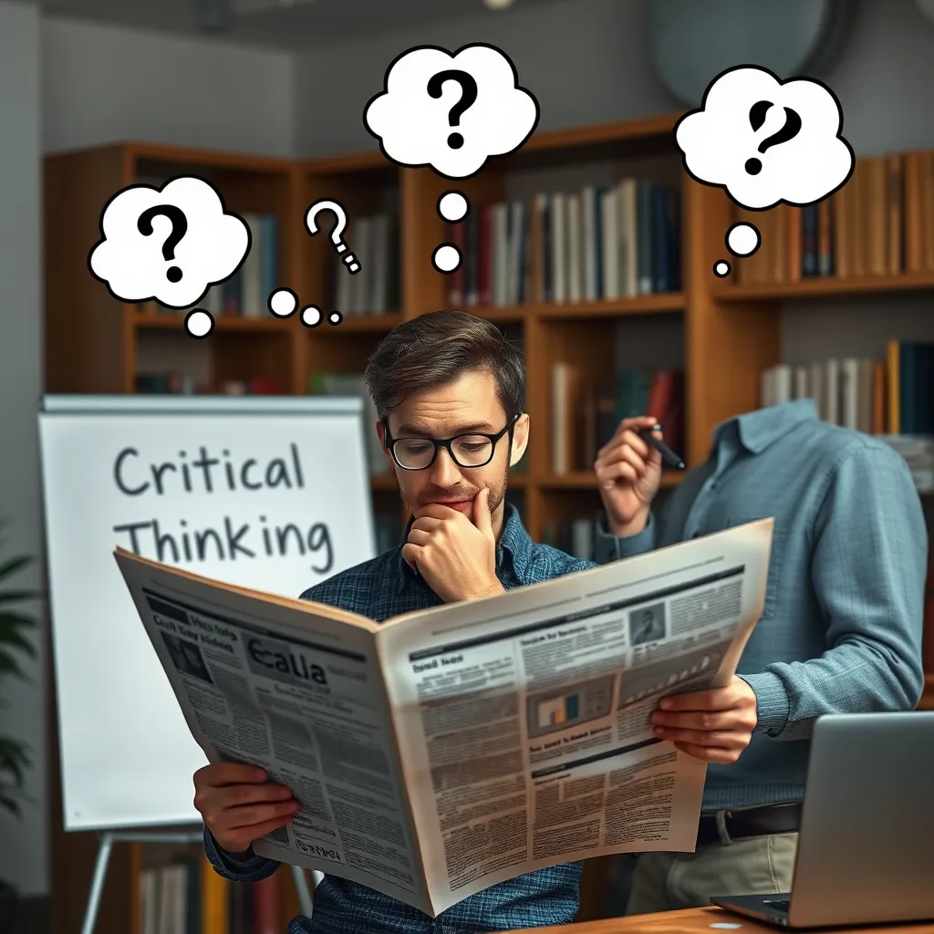 A thoughtful individual reading a newspaper with thought bubbles containing question marks and analysis symbols. A coach stands beside with a pointer, illustrating 'Critical Thinking' on a flip chart. Background shows bookshelves and a laptop with analytical graphs.