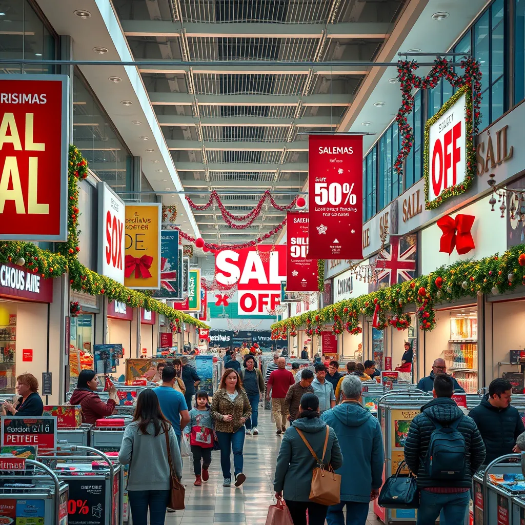A vibrant, colorful scene depicting a busy shopping mall during a seasonal sale, with shoppers eagerly browsing through sales racks, large discount signs displayed prominently, and decorations reflecting the current holiday theme, creating an atmosphere of excitement and savings.