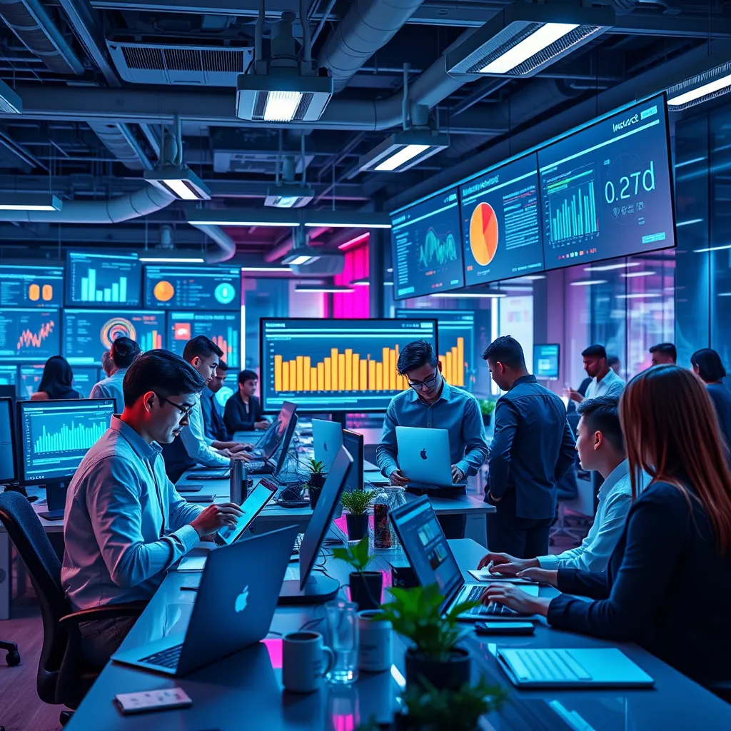 A vibrant, futuristic office space showcasing diverse professionals collaborating on digital devices, with screens displaying data analytics and insurance products. The environment should feel modern and innovative, reflecting a thriving insurtech atmosphere.