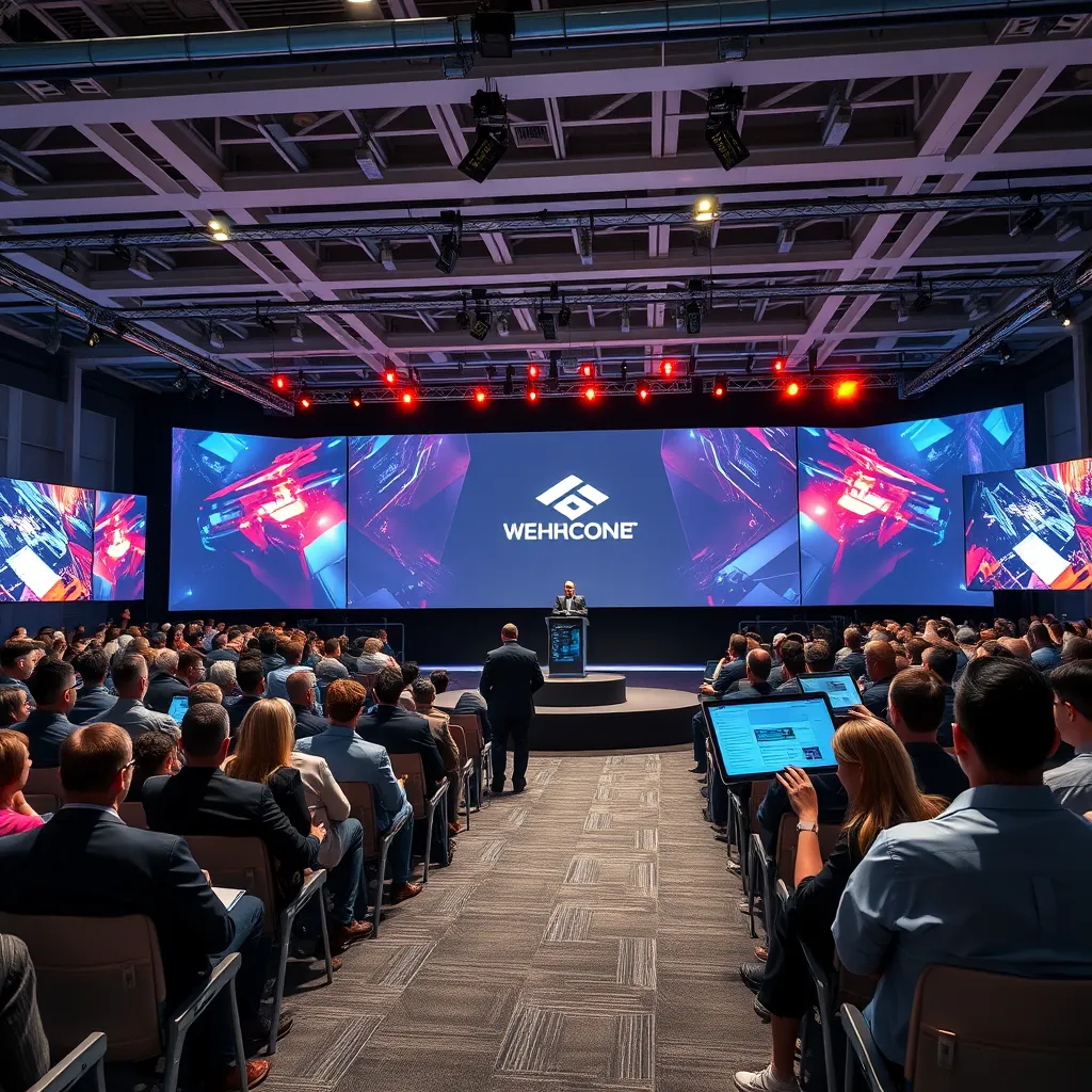 A vibrant, high-resolution image of a cutting-edge tech product being launched at a large, modern conference, with an audience of engaged professionals, sleek displays, and a backdrop showcasing the company's logo, capturing the excitement of innovation.
