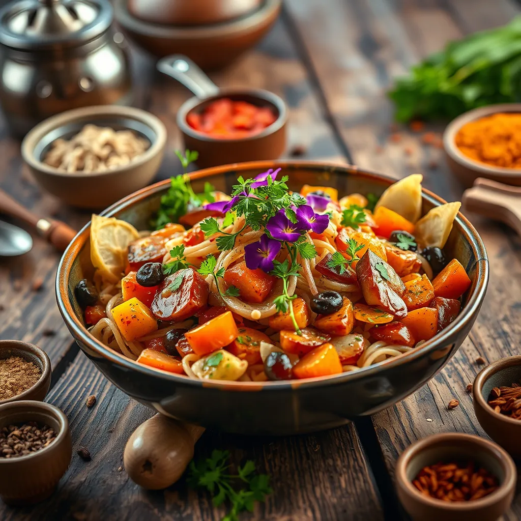 A vibrant, high-resolution image of a trendy dish featuring fusion cuisine, blending elements from various cultures, garnished with colorful herbs and edible flowers, set against a rustic wooden table surrounded by cooking utensils and spices.