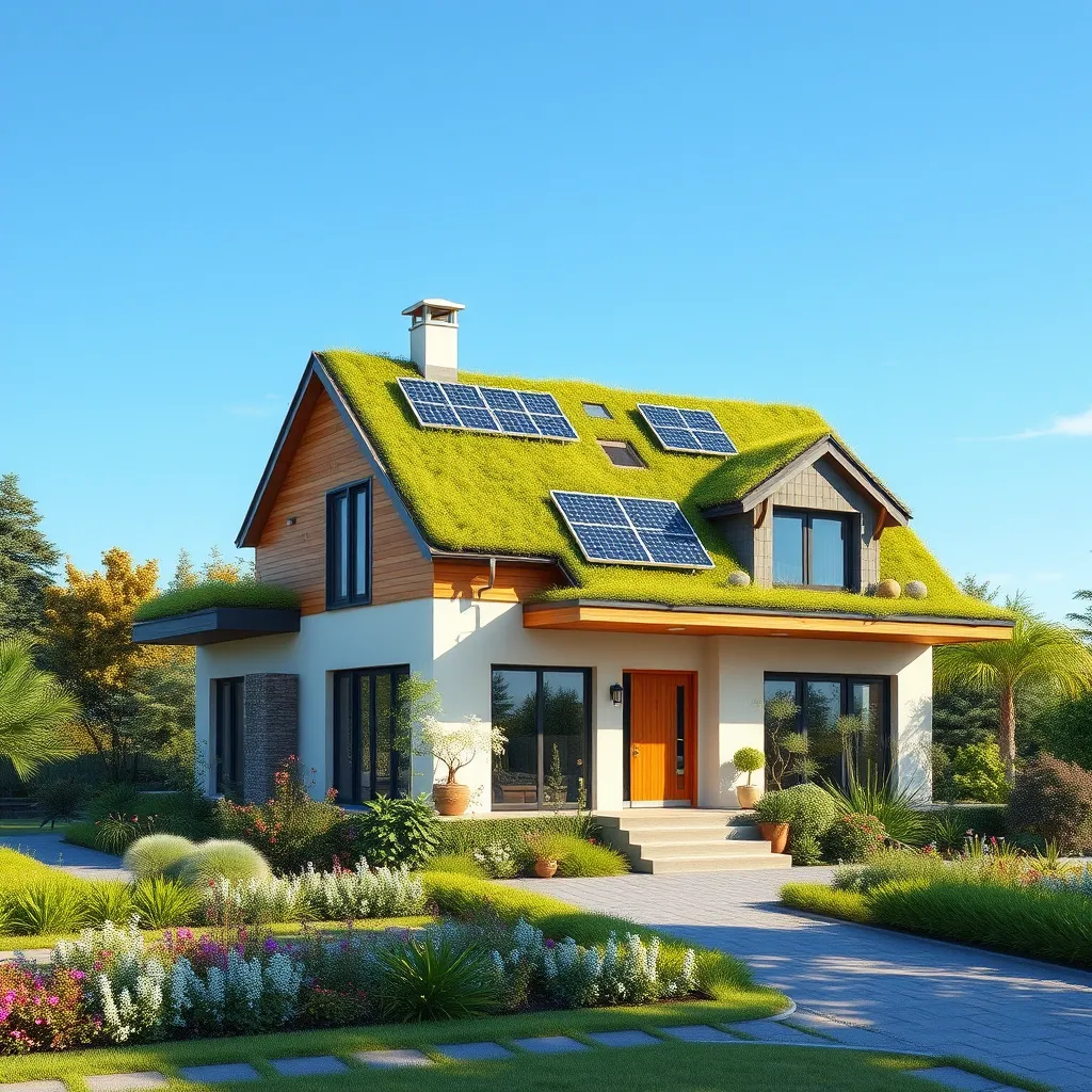 A vibrant, photorealistic image of a modern eco-friendly house with solar panels, a green roof, and a lush garden, showcasing innovative sustainable design features, set against a clear blue sky and surrounded by trees.