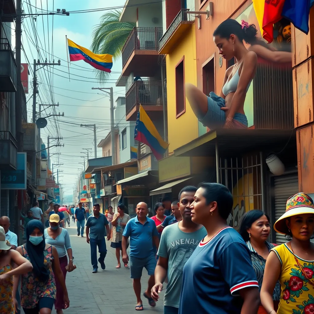 A vibrant and colorful montage showcasing various aspects of Venezuelan life, including street scenes, cultural events, and daily challenges; prominent video clips blend into one another, illustrating the rich tapestry of Venezuelan stories and experiences.