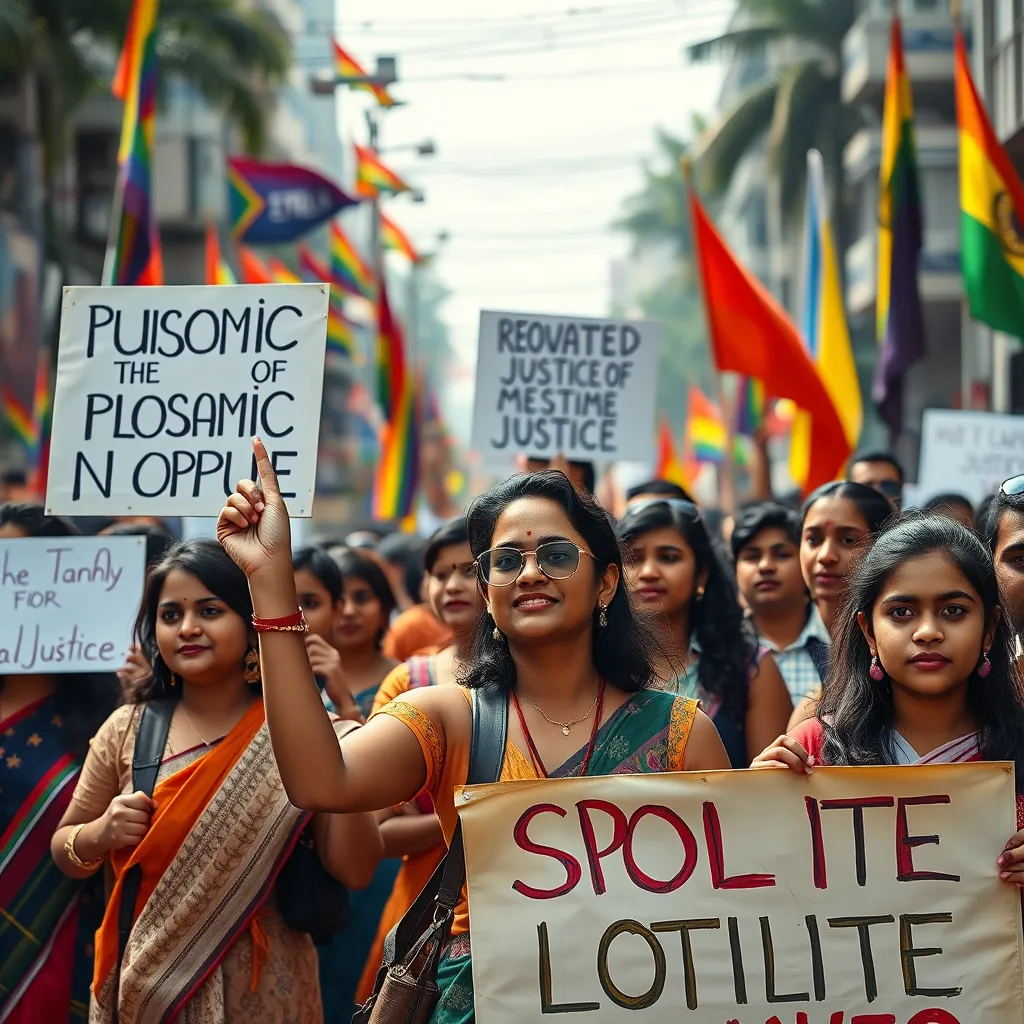 A vibrant and emotive scene of a peaceful protest in an urban Indian setting, featuring diverse young activists holding banners advocating for social justice, with colorful flags and street art depicting themes of equality and environmentalism in the background.