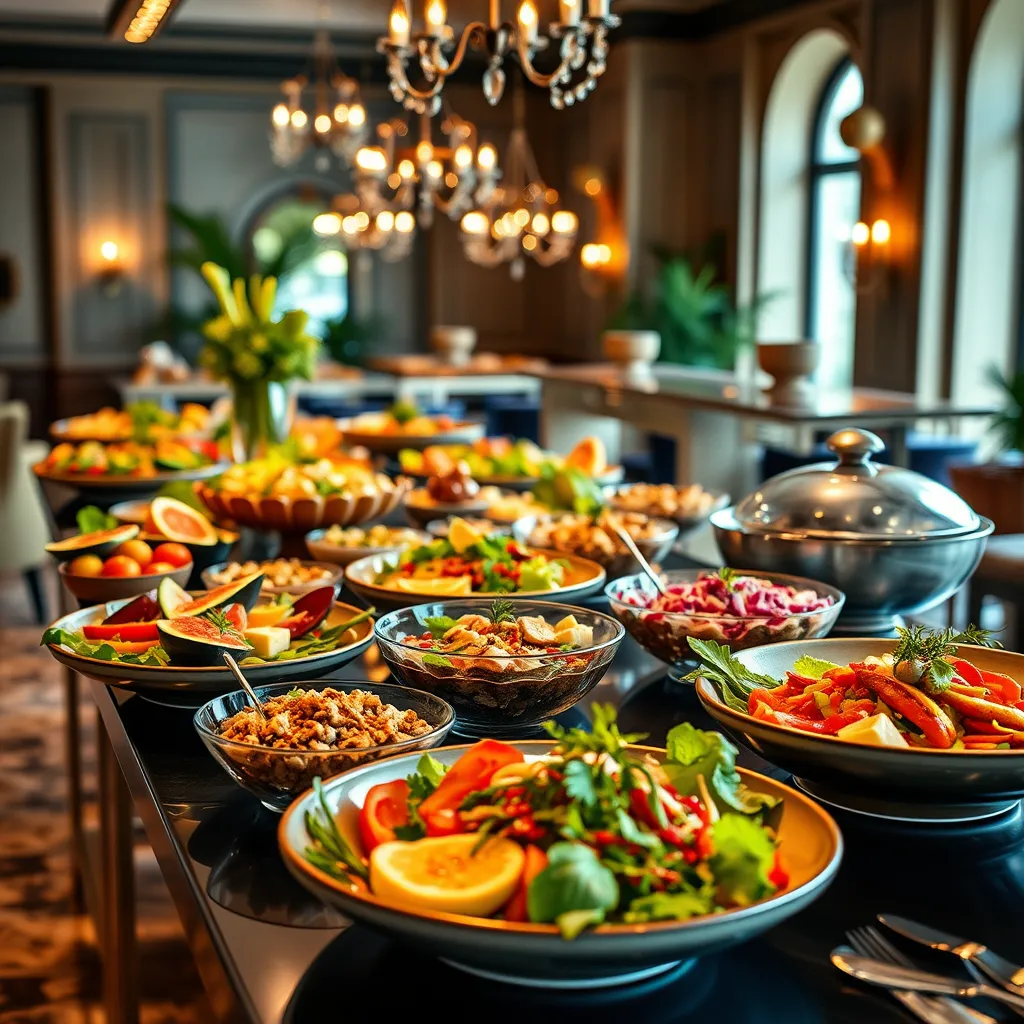 A vibrant catering event featuring beautifully presented, health-conscious dishes such as colorful salads, smoothie bowls, and gluten-free options. The surroundings are elegant, with a focus on freshness and nutritional value, appealing to health-aware clientele.