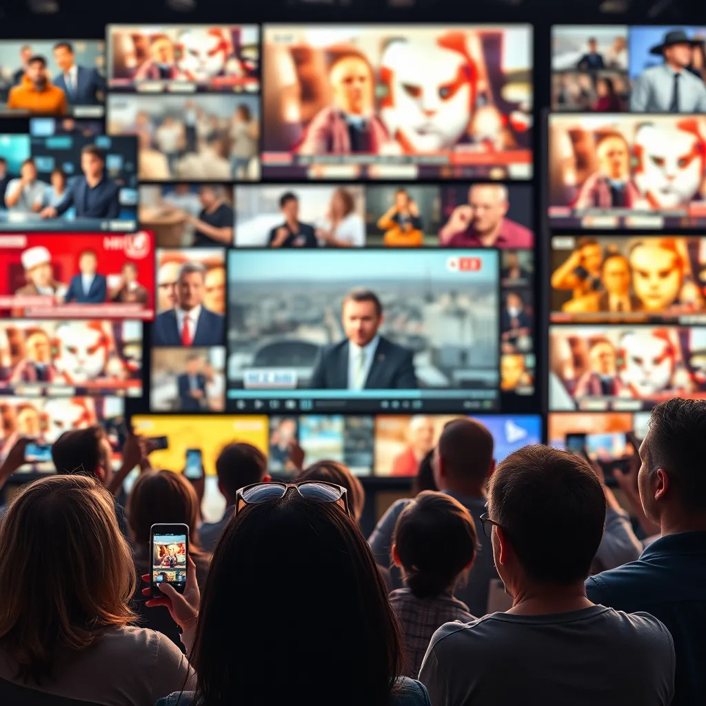 A vibrant collage of multimedia elements, including clips of news visuals, sound waves emanating from a video player, and viewers watching on various devices such as smartphones and tablets. Capture a mix of lively colors and engaging imagery.