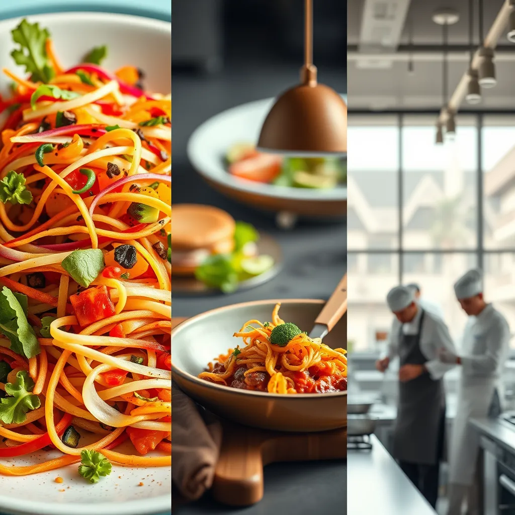 A vibrant collage showcasing various culinary trends: a colorful plant-based dish, fusion cuisine featuring ingredients from different cultures, and chefs experimenting in a modern kitchen. The setting is bright and inviting, capturing the essence of contemporary cooking innovations.