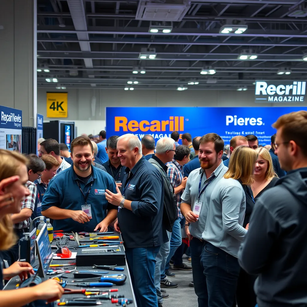 A vibrant community event featuring repair professionals networking and sharing ideas. The scene includes booths with repair tools, smiling participants engaged in discussions, and a backdrop displaying the Repair News Magazine branding, showcasing a sense of unity.