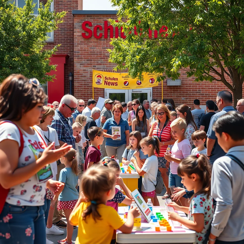 A vibrant community event outside a school, showcasing families and educators interacting. Include a booth with Schulen News Magazine displayed prominently. The scene is filled with diverse groups of people, children engaging in fun educational activities, bright banners, and a sunny day.