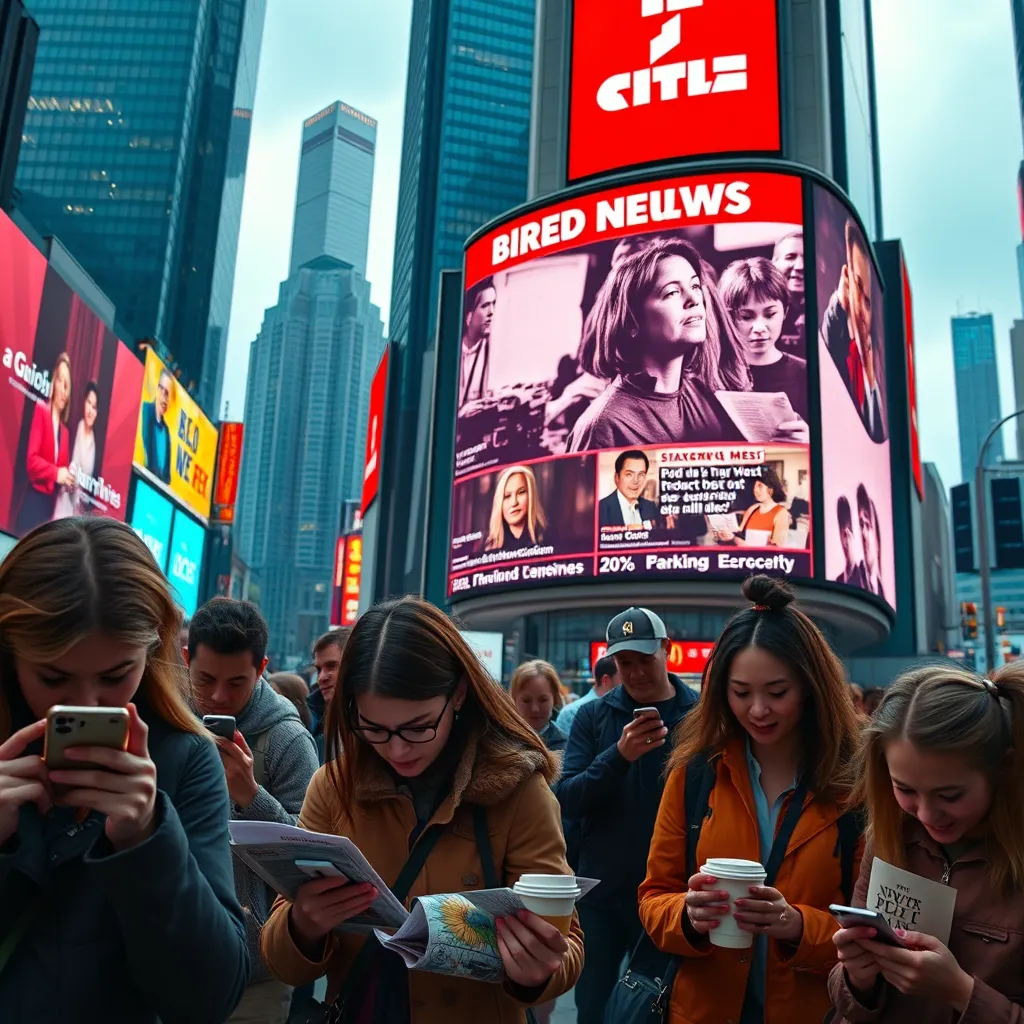 A vibrant digital billboard displaying breaking news headlines with a bustling urban backdrop, featuring vivid colors like deep reds and bright oranges. The scene is illuminated by soft diffused lighting that highlights the energy of the city. A variety of people, young and old, are seen engrossed in their smartphones, reactively engaging with the news. The image is captured from a low angle, showcasing the towering buildings and modern city architecture in the background. Textures of concrete and glass reflect the dynamic atmosphere. The mood is urgent yet optimistic, symbolizing the flow of information. Props like newspapers, mobile devices, and coffee cups enhance the scene's relatability. Style references include works by renowned street photographers. Generated in ultra-high definition 8K resolution, ensuring hyperrealistic detail and depth.