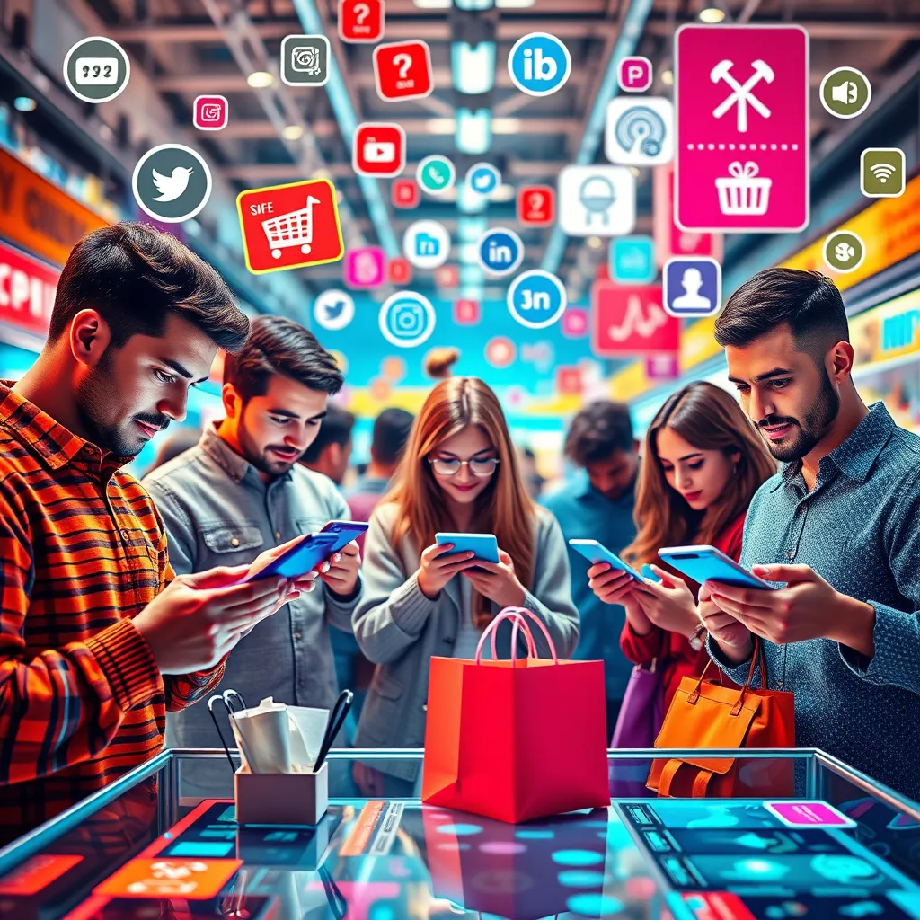 A vibrant e-commerce scene showcasing diverse consumers shopping on various devices, surrounded by digital icons representing social media and personalized offers. Capture the dynamic atmosphere, with bright colors and engaging visuals to highlight the online shopping experience.