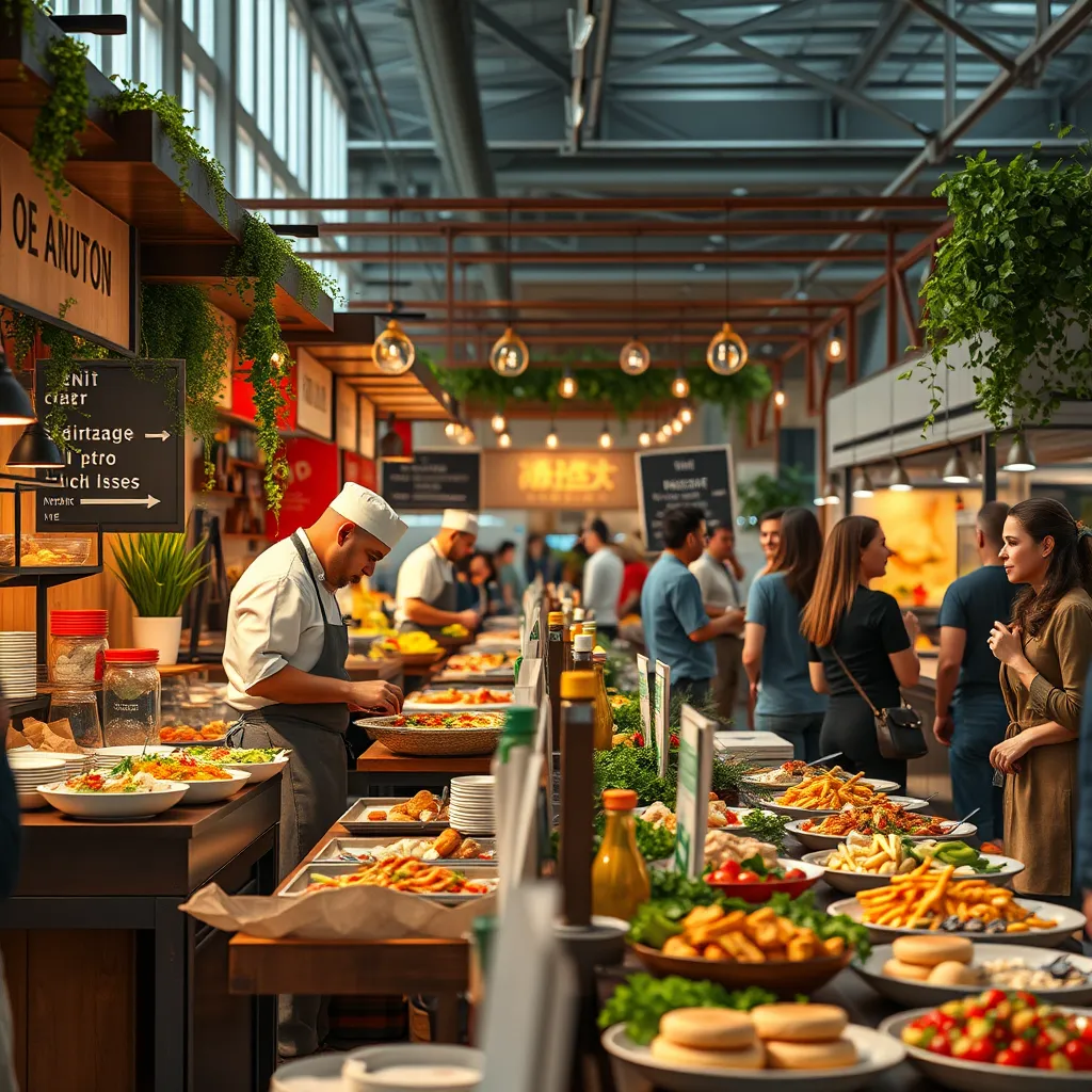 A vibrant food fair scene with diverse food stalls, chefs showcasing gourmet dishes, eco-friendly packaging, and people engaged in lively conversations. The setting is modern with ambient lighting and greenery, emphasizing innovation and sustainability in catering.