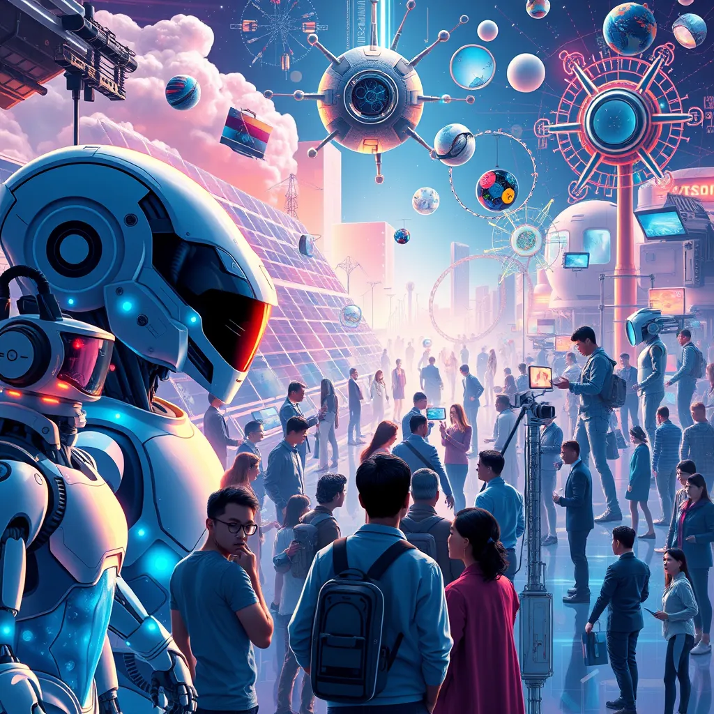 A vibrant image showcasing futuristic technology, including robots, solar panels, and medical advancements like CRISPR. Surround the technology with people of diverse backgrounds collaborating, symbolizing unity and progress in innovation.