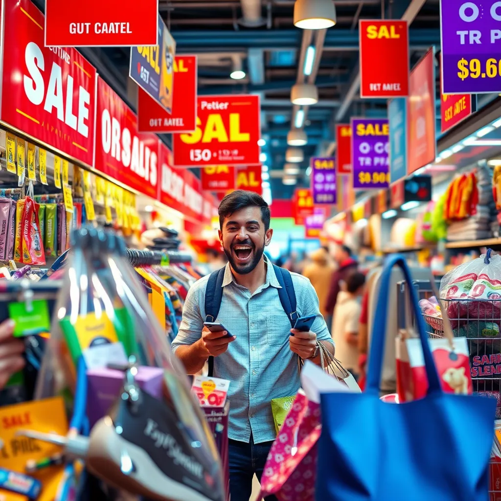 A vibrant marketplace scene featuring a shopper excitedly examining discounted products, with colorful price tags and banners promoting sales. Surround them with high-quality items, emphasizing the contrast between quality and price.