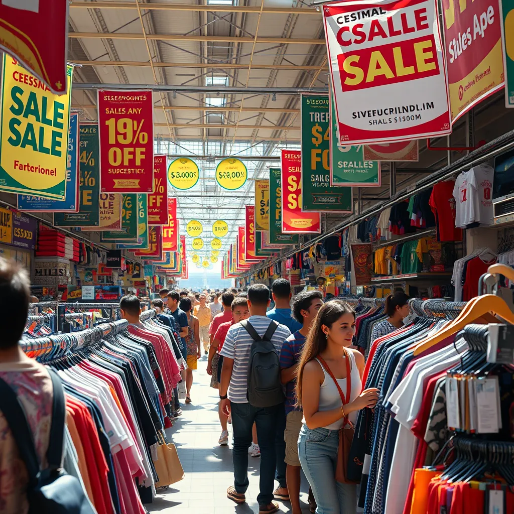 A vibrant marketplace scene filled with colorful banners announcing seasonal sales. Customers of various ages happily browsing through clothing racks and electronics, with clear price tags showing significant discounts. Bright sunlight casts a warm glow on the bustling atmosphere.