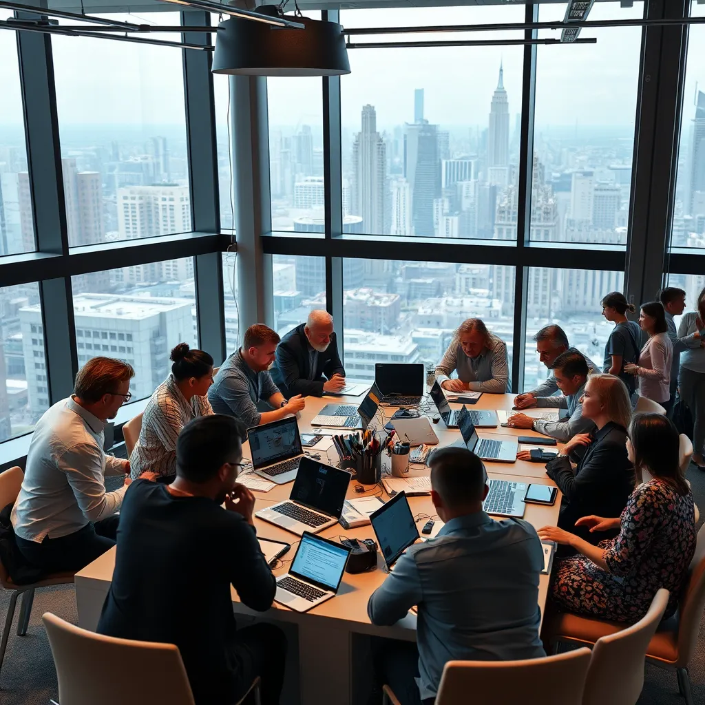 A vibrant networking event scene with professionals engaged in discussions around a large table filled with laptops and documents. The setting should be a modern conference room with large windows overlooking a cityscape. Attendees should be diverse, representing various industries.