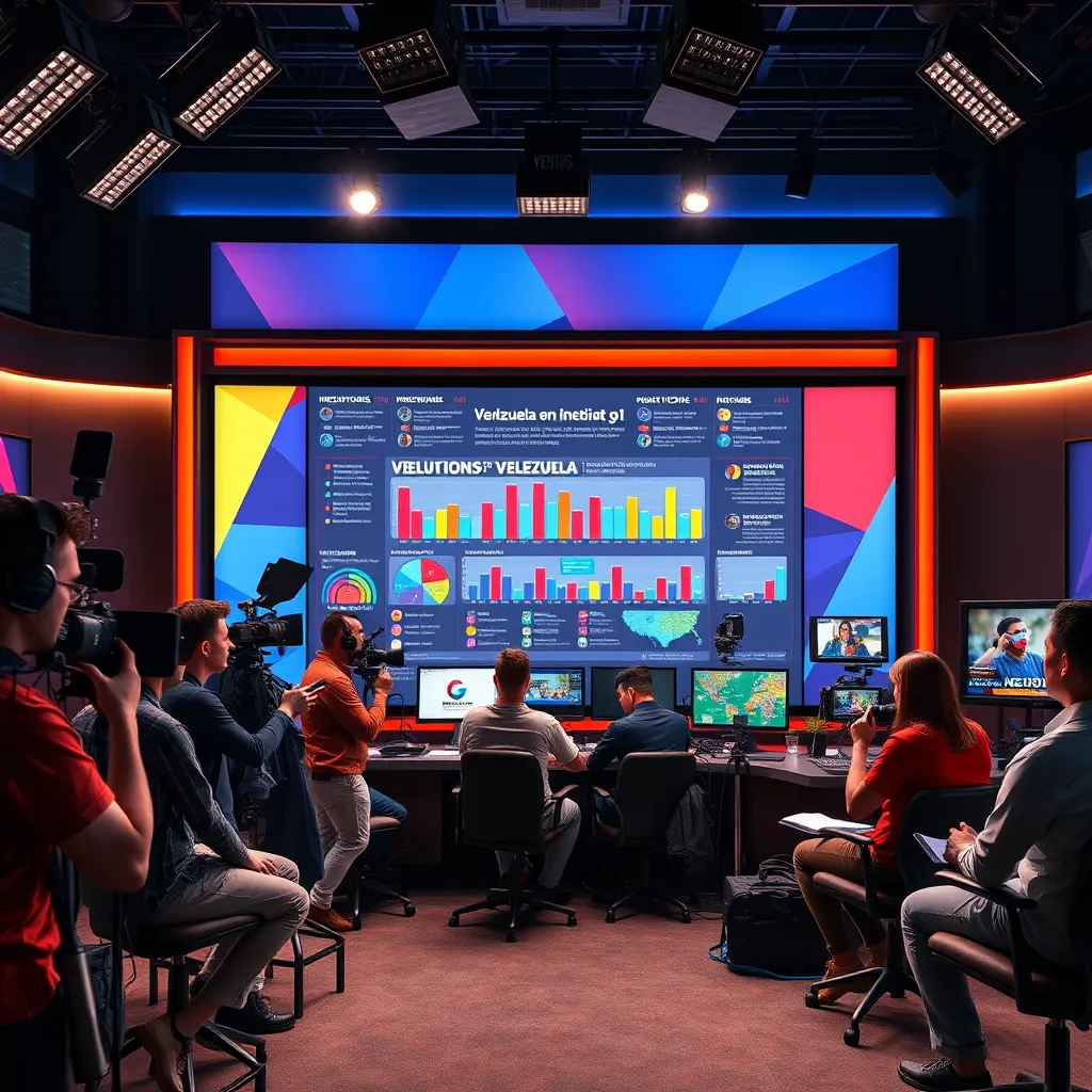 A vibrant newsroom setting with a large screen displaying colorful infographics about Venezuela's recent elections. A team of diverse reporters are actively engaged in video editing and storytelling, showcasing the dynamic process of creating impactful news content.