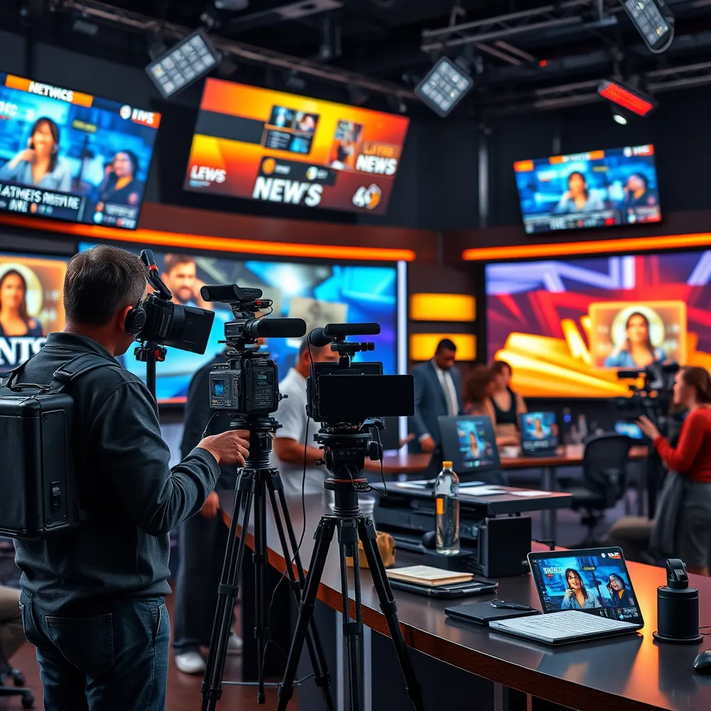 A vibrant newsroom setting with a diverse group of journalists working collaboratively. One journalist is capturing an interview on camera, while another is editing video footage. Include high-tech equipment, large screens displaying graphics and live feeds, and colorful news graphics in the background.