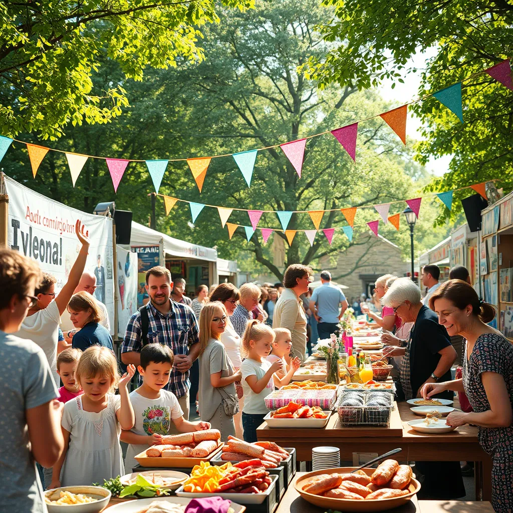 A vibrant outdoor community festival scene showcasing people of all ages enjoying local food, art, and music. The setting is illuminated by bright sunlight filtering through trees, creating a cheerful and lively ambiance. The color palette is rich with pastels and bold hues from banners, stalls, and diverse food selections. The camera captures a wide-angle view, emphasizing the bustling atmosphere, with close-up shots of families interacting, laughing, and celebrating. Textures include the rustic surfaces of artisanal stalls, colorful fabrics, and the glistening foods. In the background, a small stage with a local band performing adds dynamism to the scene. Props include tables filled with handmade crafts and delicious local dishes. This photorealistic image is crafted in ultra-high definition 8K resolution, echoing the lively street festival style found in Jamie Oliver’s photography.