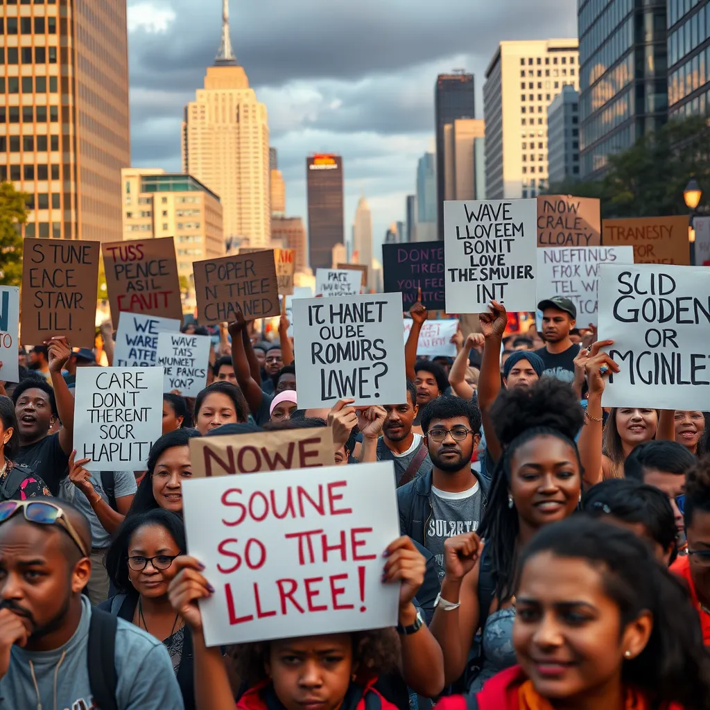 A vibrant protest scene with people holding signs advocating for social change, showcasing a diverse array of individuals from different ages and backgrounds. The atmosphere is filled with passion and determination, with a cityscape backdrop.