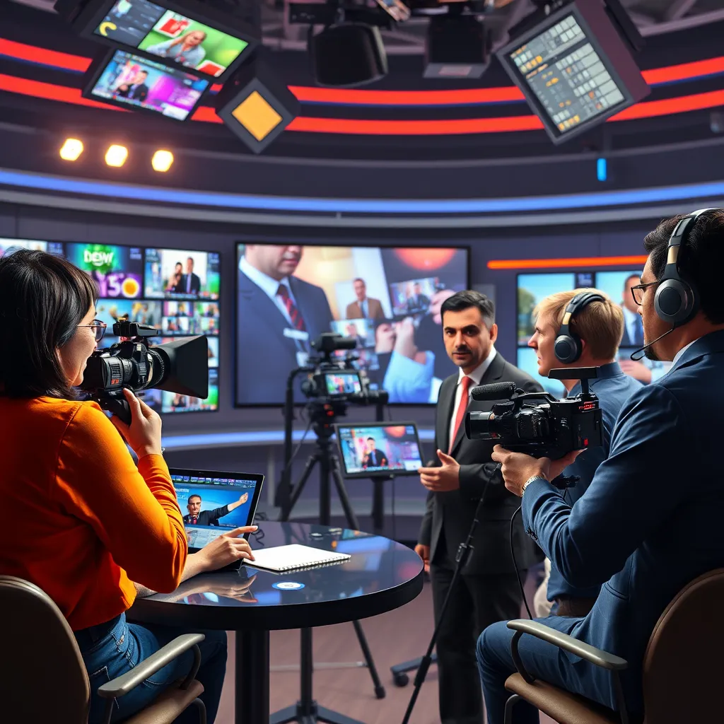 A vibrant scene depicting a newsroom where journalists are producing a video segment. The backdrop showcases monitors displaying colorful graphics and video clips. The journalists, diverse in ethnicity, are animatedly discussing and editing footage with a focus on storytelling.