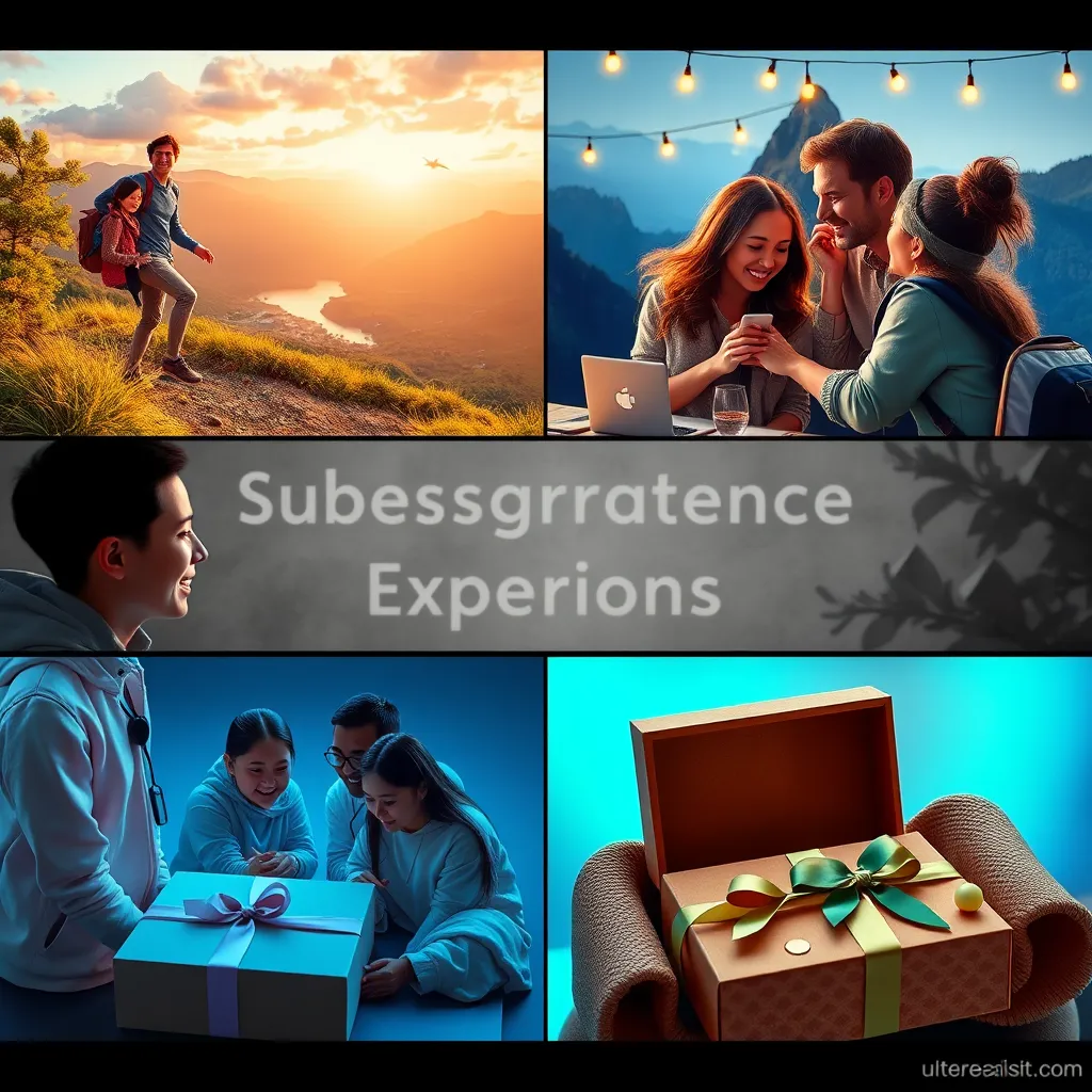 A vibrant scene depicting different personalized experiences, like a couple enjoying a customized travel adventure in a scenic location, a group participating in a hands-on workshop, and subscription boxes elegantly displayed. The overall atmosphere is joyful and engaging.