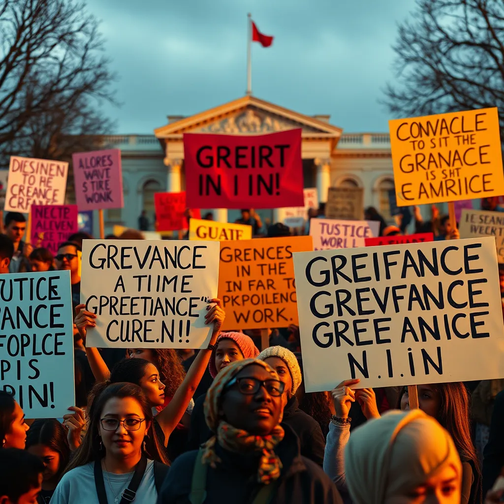 A vibrant scene of a community gathering with diverse individuals holding banners promoting social change, inspired by grievance headlines. In the background, a symbolic depiction of a city hall or government building represents the pursuit of justice.