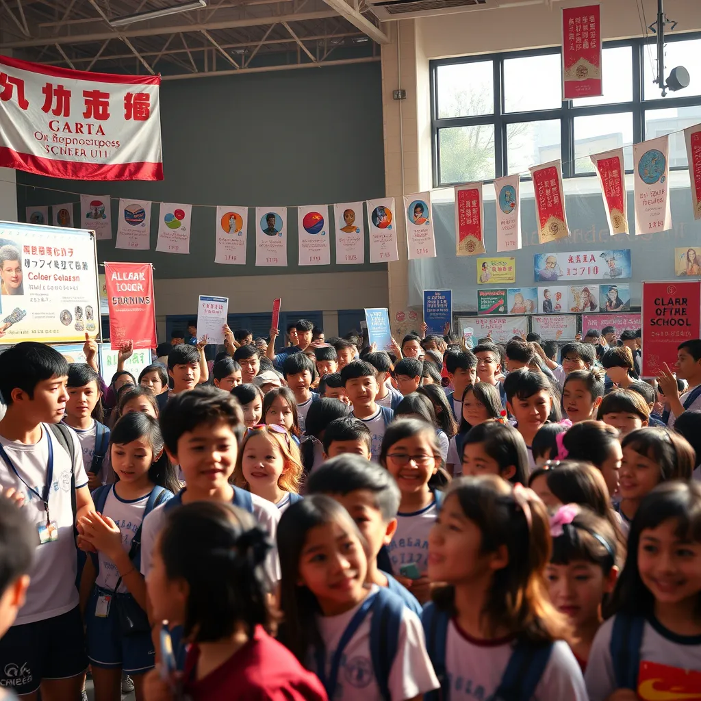 A vibrant school event scene capturing students participating in various activities, surrounded by banners and posters showcasing their accomplishments. The atmosphere should be lively, filled with diverse students joyfully interacting, with a backdrop of the school building.