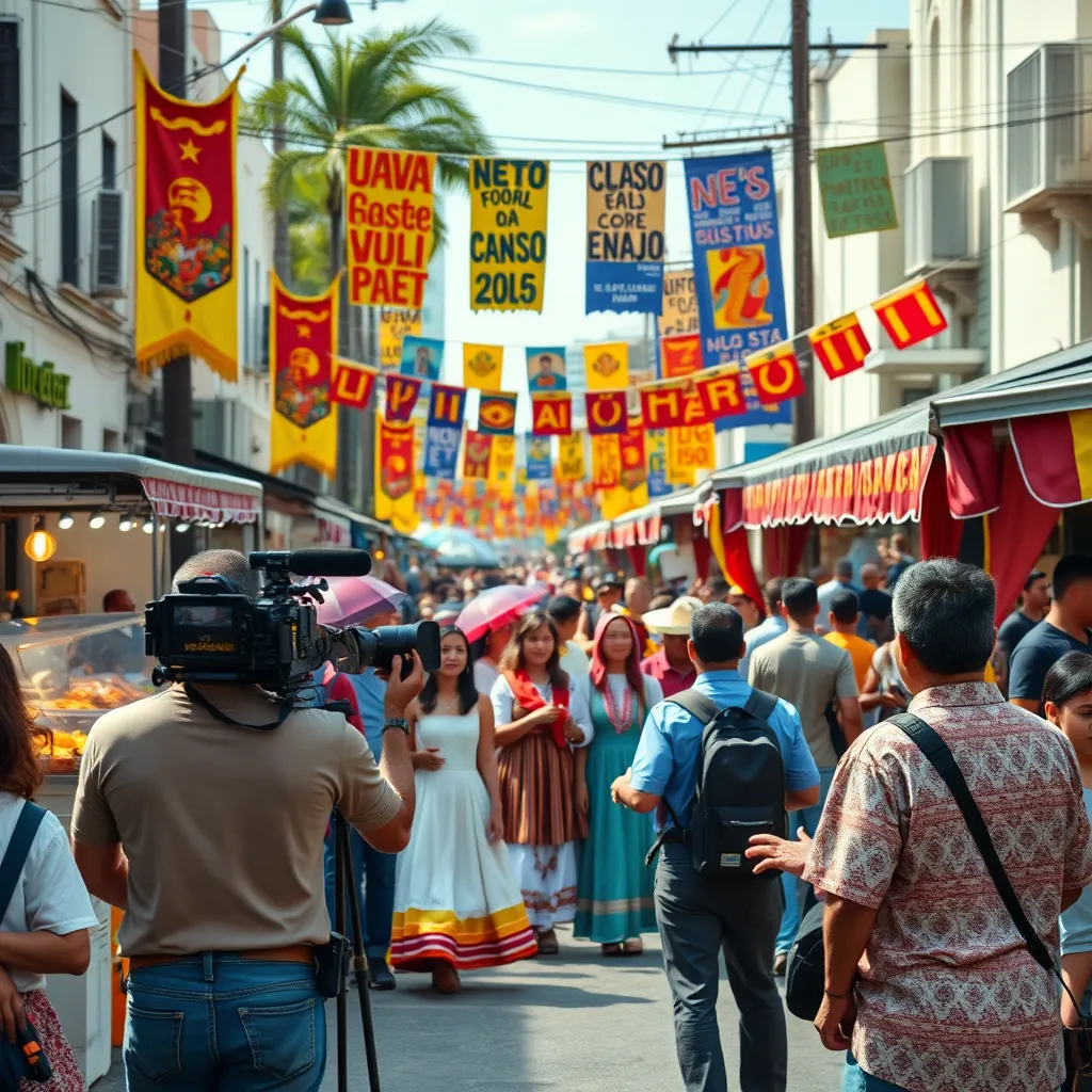 A vibrant street festival scene in a Spanish-speaking community, showcasing traditional costumes, food stalls, and community members celebrating together, with a news crew capturing the event and colorful banners representing cultural heritage.