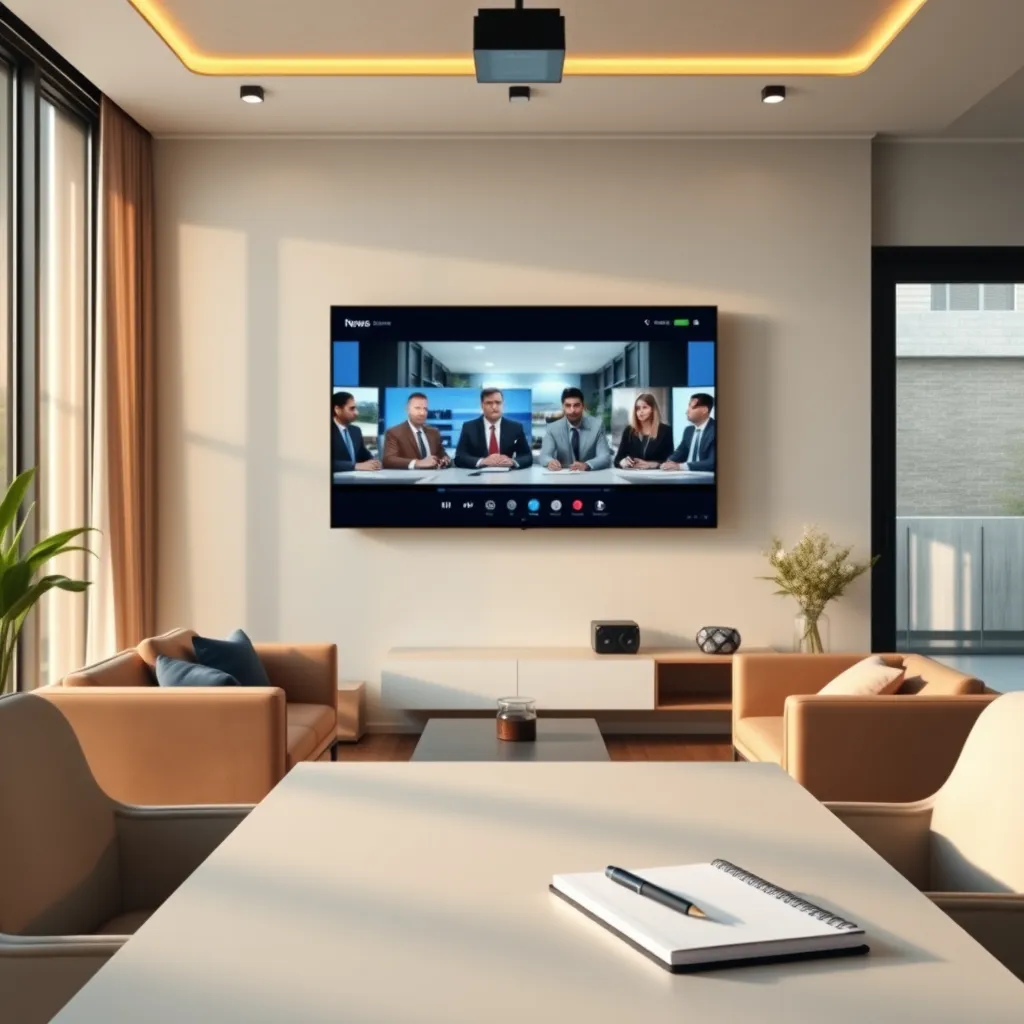 A virtual conference setup on a large, wall-mounted screen showing a panel of experts discussing news topics. The room is a modern home office with sleek furniture, a large window with natural light, and a notebook and pen on the desk, signifying active engagement.