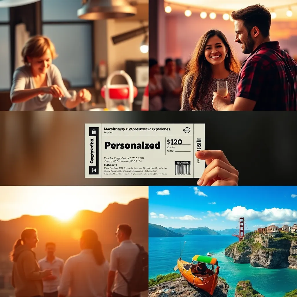 A visually engaging collage depicting various personalized experiences, such as a cooking class, a couple holding concert tickets, and a scenic travel destination. Each scene should be vibrant and evoke a sense of adventure and joy.