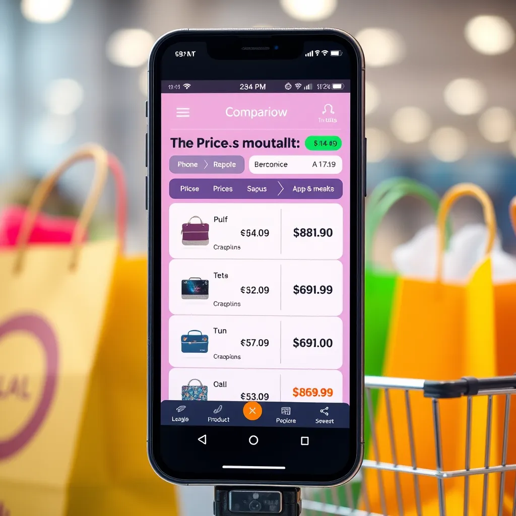 A visually engaging representation of a smartphone displaying a price comparison app, showcasing different product prices from various retailers, set against a background of shopping bags and a shopping cart, symbolizing smart shopping practices.