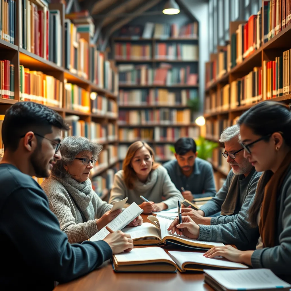 A visually rich library or study area filled with books and educational resources. Show a diverse group of adults of various ages studying together, taking notes, and discussing topics. Emphasize a warm, inviting atmosphere of learning.