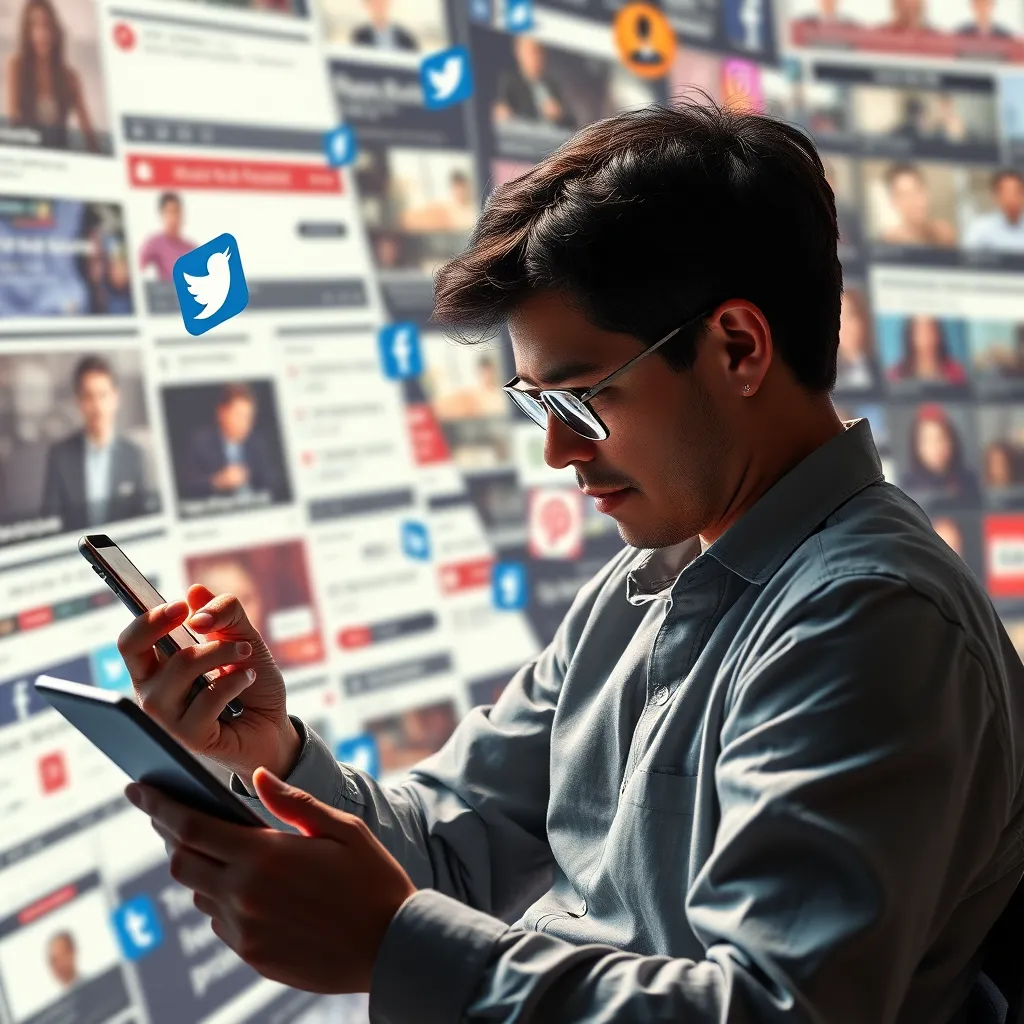 A visually striking concept depicting a person multitasking on various devices like smartphones and tablets, with social media icons floating around. The background should illustrate a vibrant newsfeed stream, representing the rapid pace of news dissemination in a digital landscape.