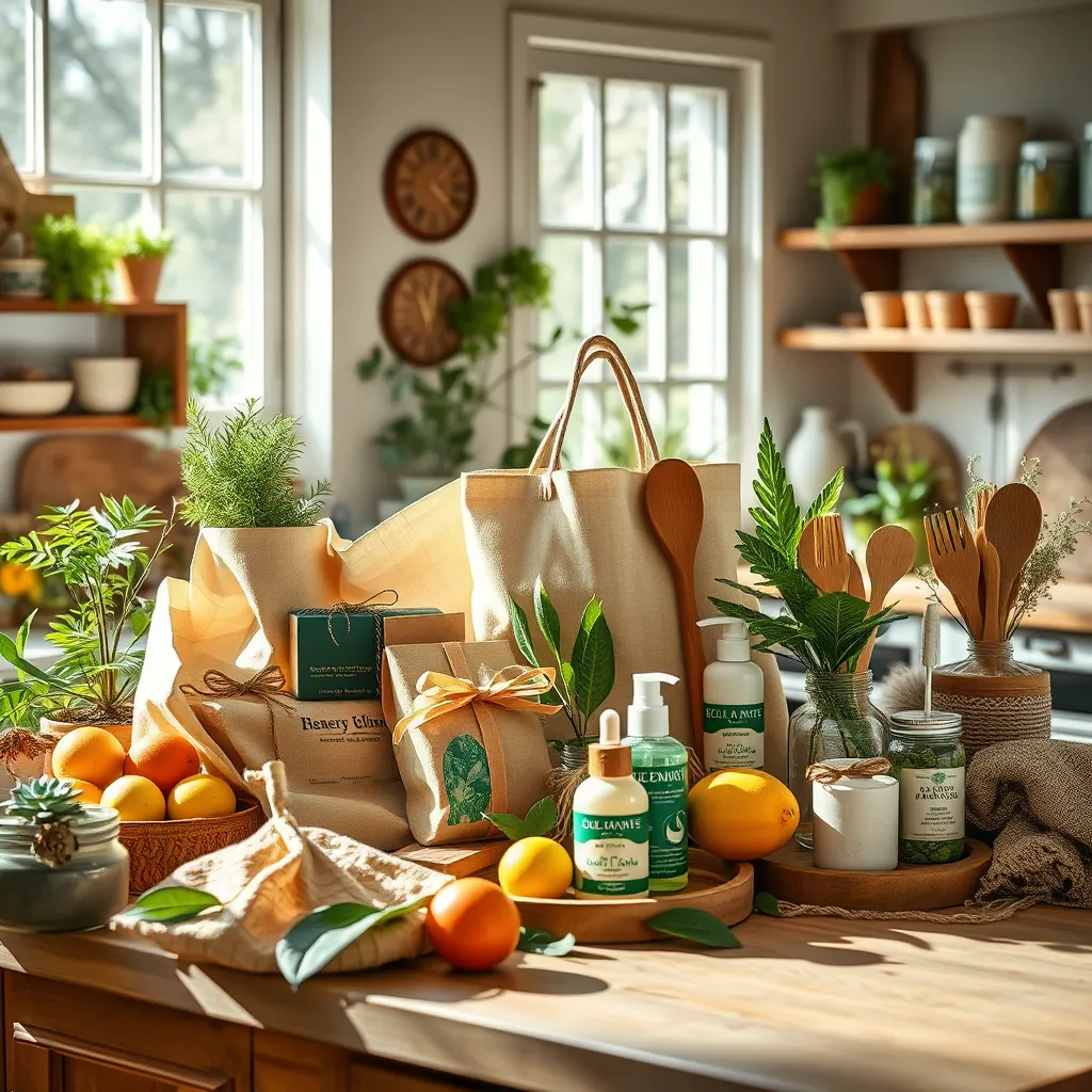 A visually striking display of eco-friendly gifts, showcasing items such as reusable bags, bamboo utensils, and organic skincare products. The composition is set in a rustic kitchen with natural light pouring in from a window, creating a bright, rejuvenating mood. The color palette is composed of greens, browns, and soft earth tones, reflecting sustainability and nature. The camera angle is at a slight tilt, offering a dynamic perspective of the gifts arranged on a wooden countertop surrounded by potted plants and organic fruit. Textures include recycled materials and natural fabrics, emphasizing the eco-conscious theme. Background elements feature vintage kitchen decor and mason jars, adding a touch of warmth and hominess. The style references modern sustainability trends, akin to lifestyle blogs focused on green living. The image should be ultra-detailed and in 8K resolution, capturing the essence of each eco-friendly item.