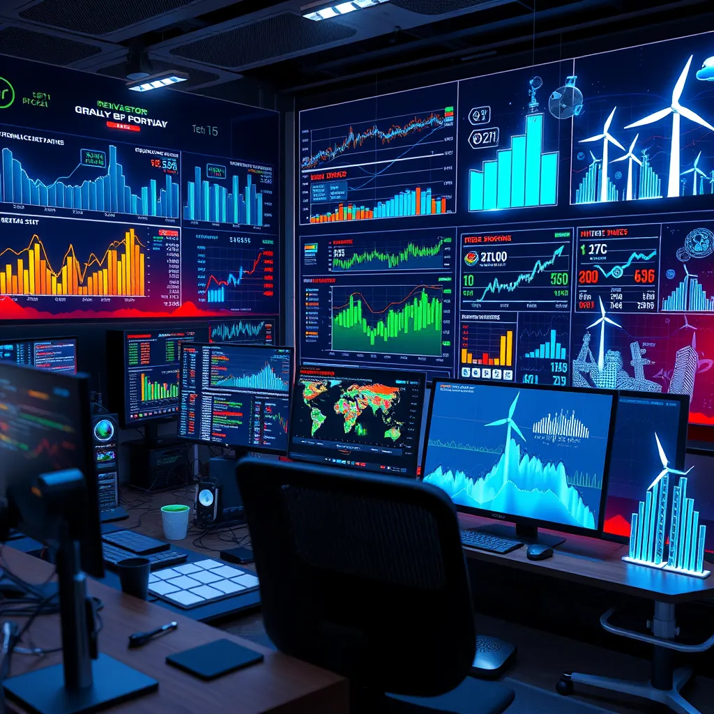 A visually striking representation of a modern investor's workspace filled with high-tech devices, showcasing a diverse portfolio involving tech stocks, green energy companies, and AI. The background features futuristic graphs and renewable energy symbols like solar panels and wind turbines.