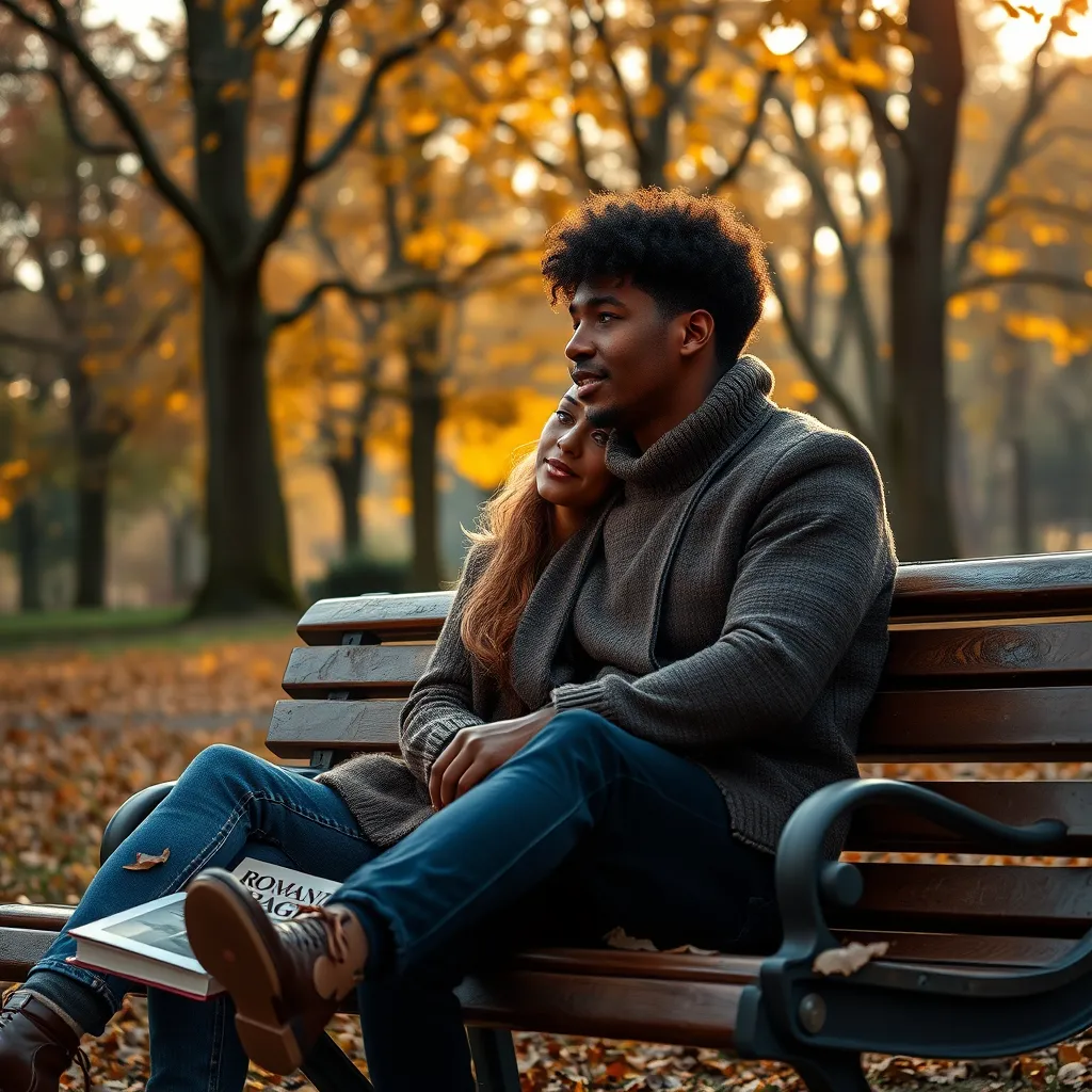 A warm, inviting scene of a diverse couple sitting on a park bench, sharing an intimate moment, surrounded by autumn leaves; soft golden light filtering through trees, with a book entitled 'Romantic Page Magazine' resting beside them, embodying love and connection.