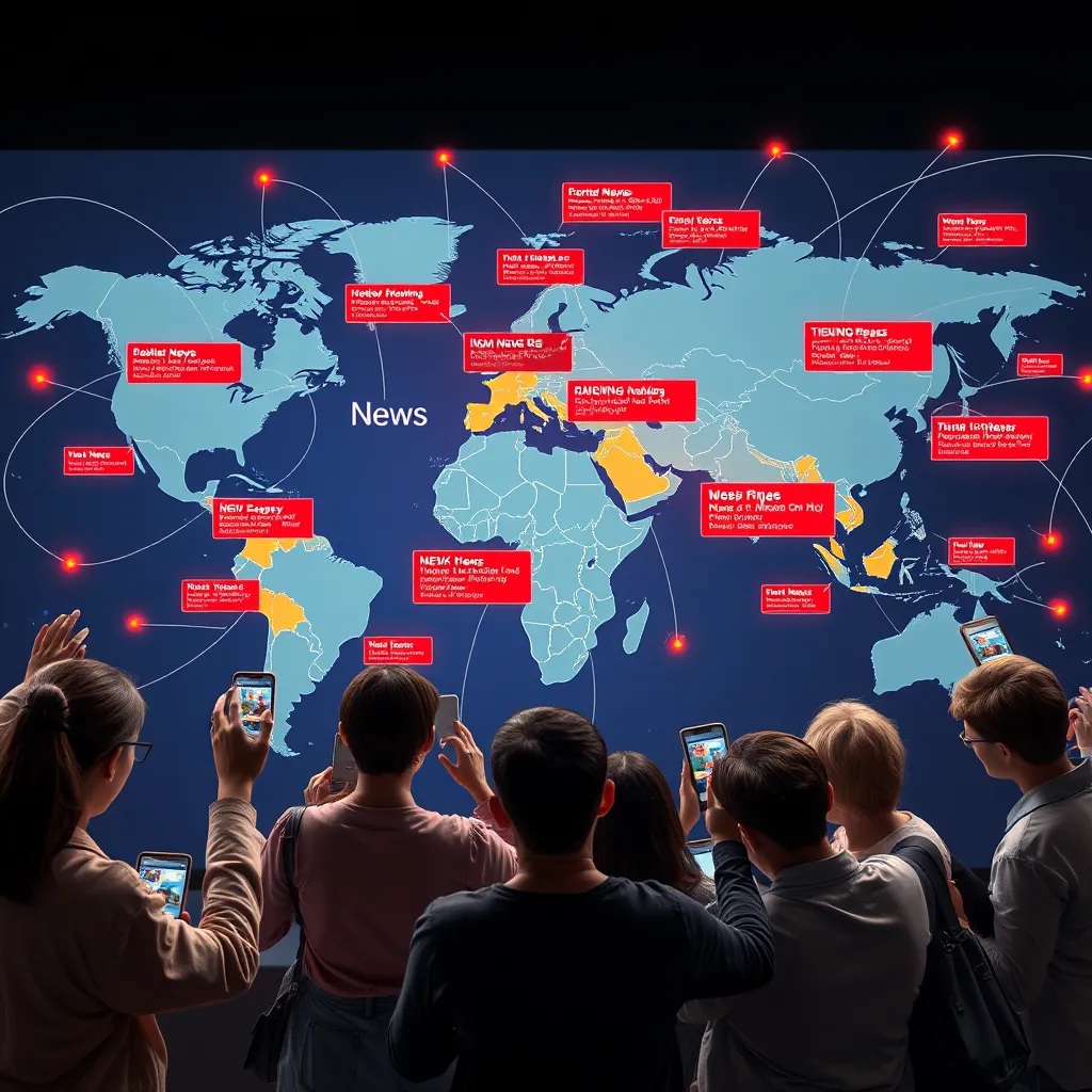 A world map with colorful news alerts popping up in different countries; diverse people using smartphones and tablets to access news, with visual indicators of connectivity such as lines and arrows linking various regions, emphasizing global accessibility and reach of breaking news.