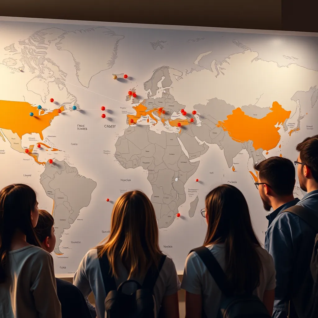 A world map with pins and strings connecting various countries, representing global news stories. In the foreground, a group of students of different nationalities examines the map, engaged in a spirited discussion. Soft lighting casts a warm glow, symbolizing unity and shared knowledge.