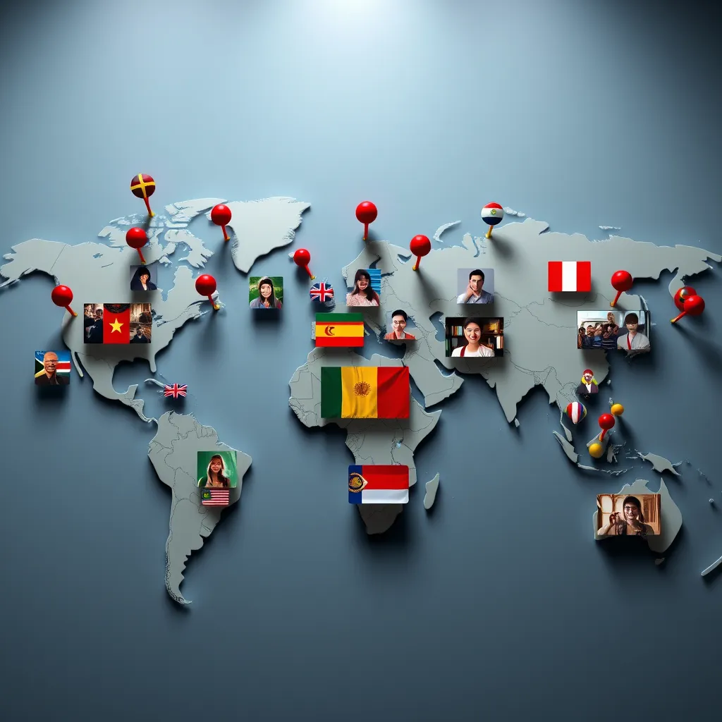 A world map with pins representing various cultural events and educational initiatives around the globe. Include images of students from different countries communicating through video calls with flags in the background, representing unity and diversity.