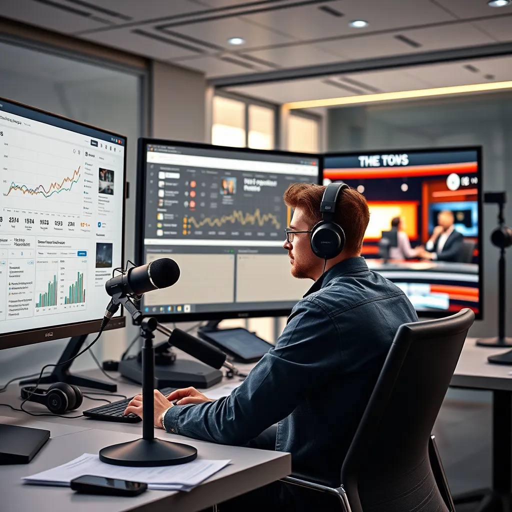 A young journalist sitting in a modern office, using multiple screens. One screen shows social media analytics, while another displays a vibrant podcast studio. Include elements like microphones, headphones, and news graphs, emphasizing technology in journalism.