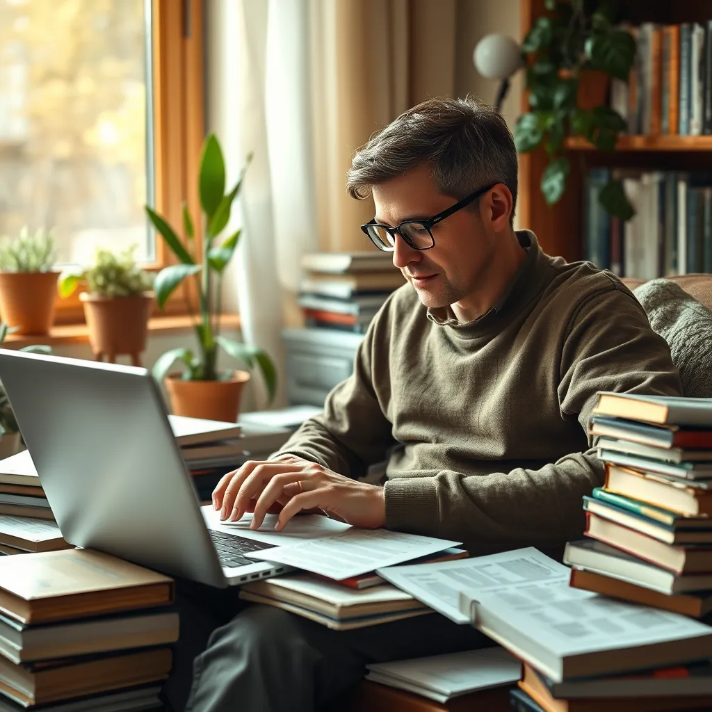 An adult studying at home surrounded by books, a laptop open with educational news websites visible. The environment is cozy with plants and a window showing a sunny day. There are notes and papers scattered around, indicating active learning and research.