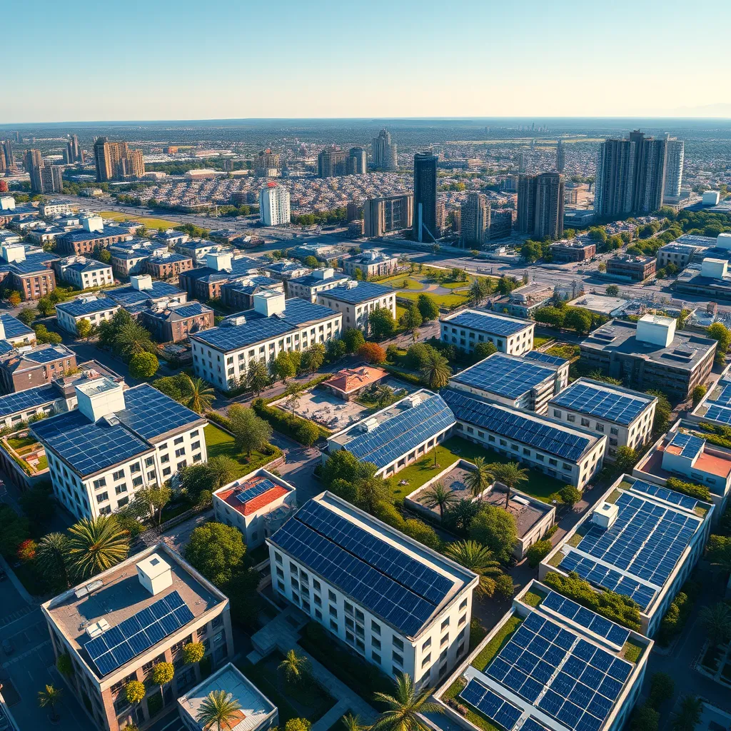 An aerial view of a vibrant solar farm integrated within a cityscape, showcasing solar panels on rooftops and green spaces. Emphasis on sustainability, with clear blue skies and modern architecture designed with nature in mind.