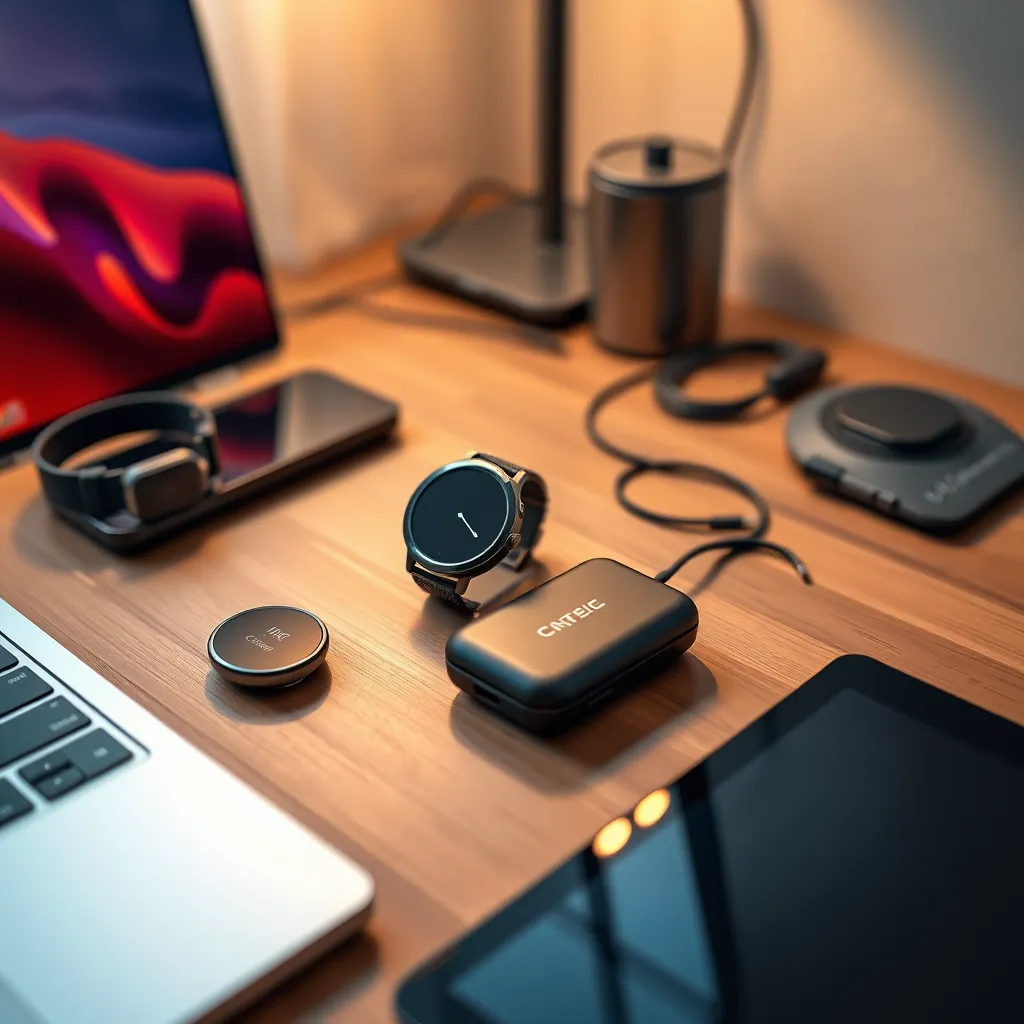 An aesthetically designed workspace featuring the latest tech gadgets like a sleek smartwatch, wireless earbuds, and a stylish portable charger, arranged on a wooden desk with a modern laptop and a digital tablet, illuminated by ambient lighting.