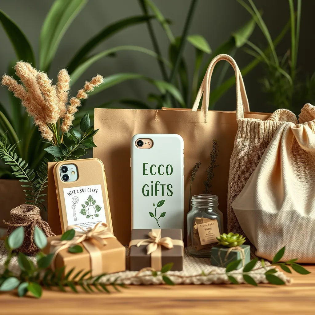 An aesthetically pleasing display of eco-friendly gifts, including biodegradable phone cases, upcycled home decor items, and reusable shopping bags. The background is natural, featuring plants and earthy tones to emphasize sustainability.