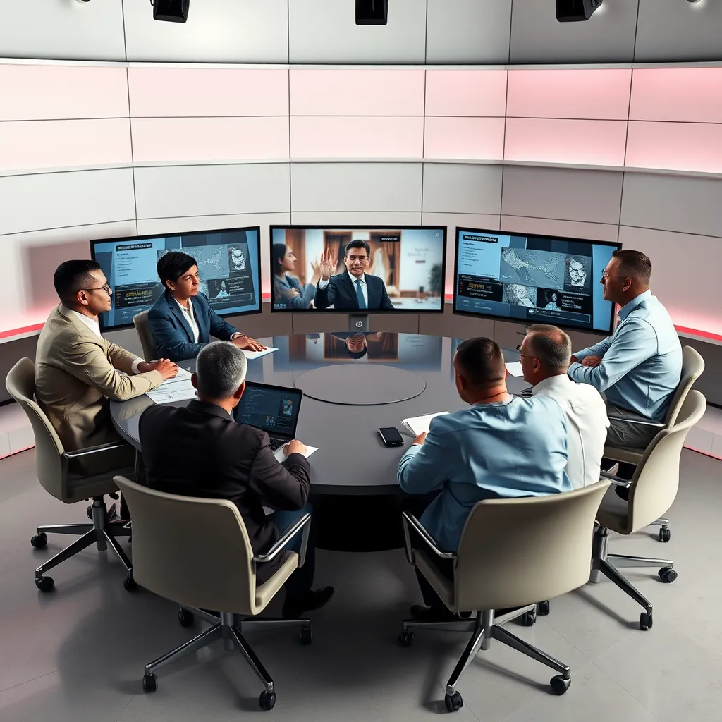 An analytical discussion set in a studio with experts around a round table; they are reviewing videos and charts on screens; expressions of engagement and thoughtfulness among the participants, highlighting a serious debate about Venezuelan affairs.